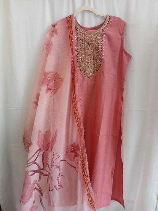Pink sleeves exta sleeves inside with dupatta and trouser